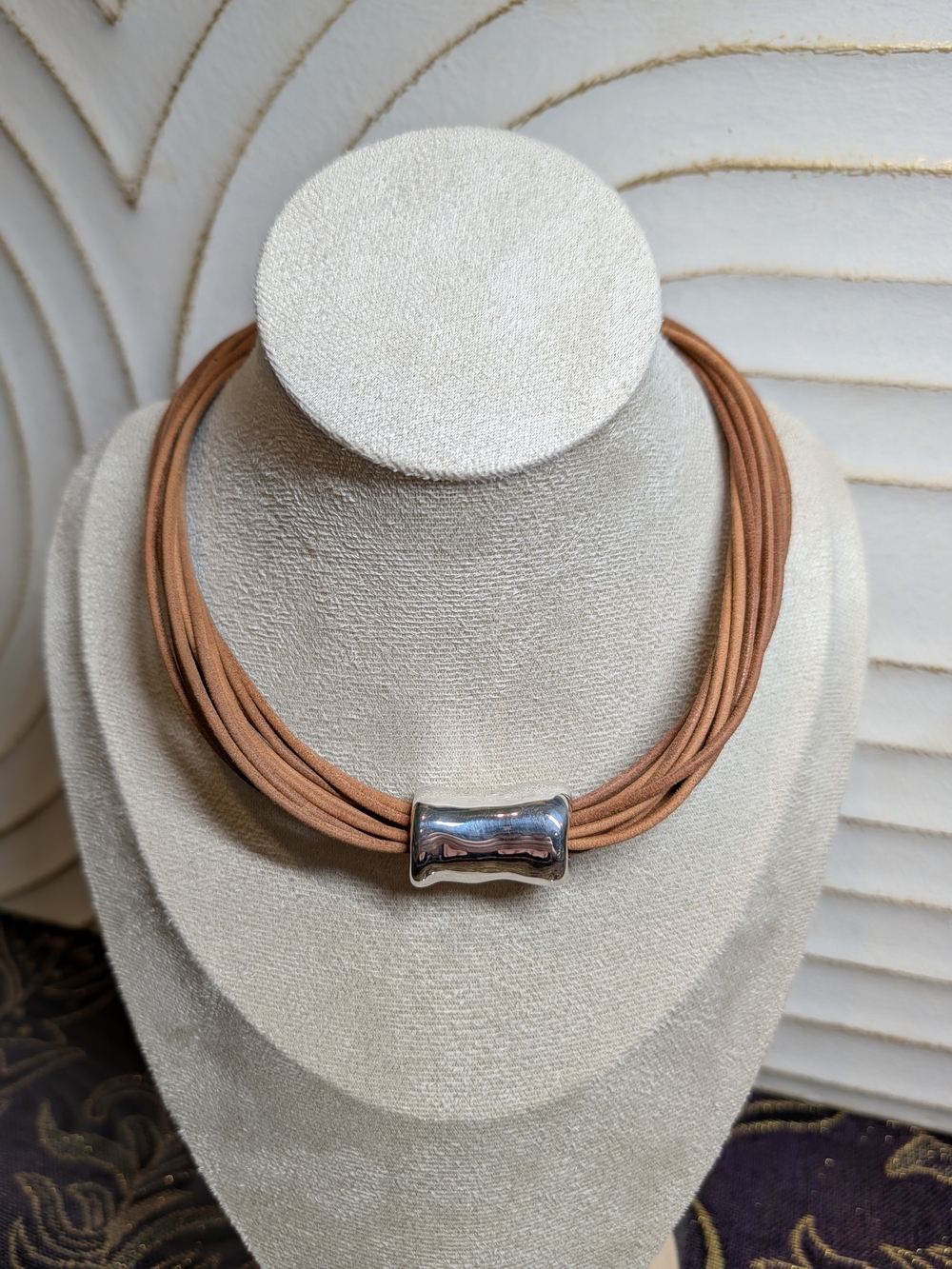 Silpada Silver 925 Tan Multi-Strand Leather Choker Barrel Statement Necklace